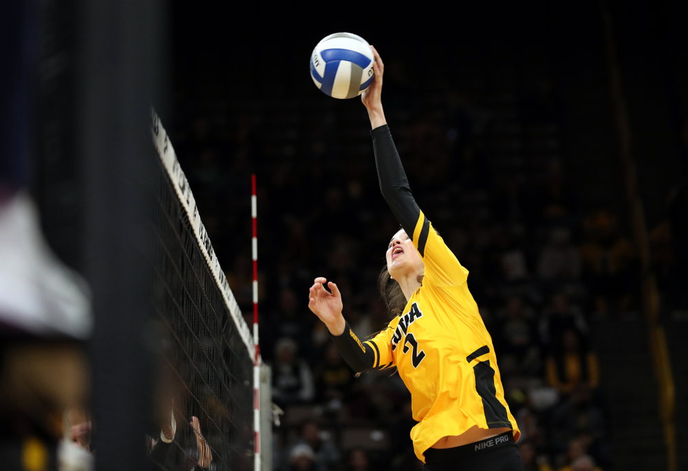Iowa Hawkeyes setter Courtney Buzzerio (2) against the Rutgers Scarlet Knights Saturday, November 2, 2019 at Carver-Hawkeye Arena. (Brian Ray/hawkeyesports.com)