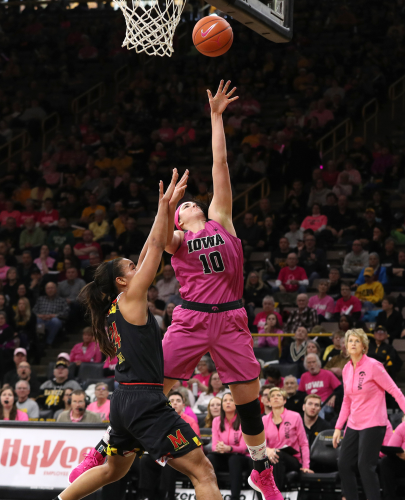 Iowa Hawkeyes forward Megan Gustafson (10) against the seventh ranked Maryland Terrapins Sunday, February 17, 2019 at Carver-Hawkeye Arena. (Brian Ray/hawkeyesports.com)