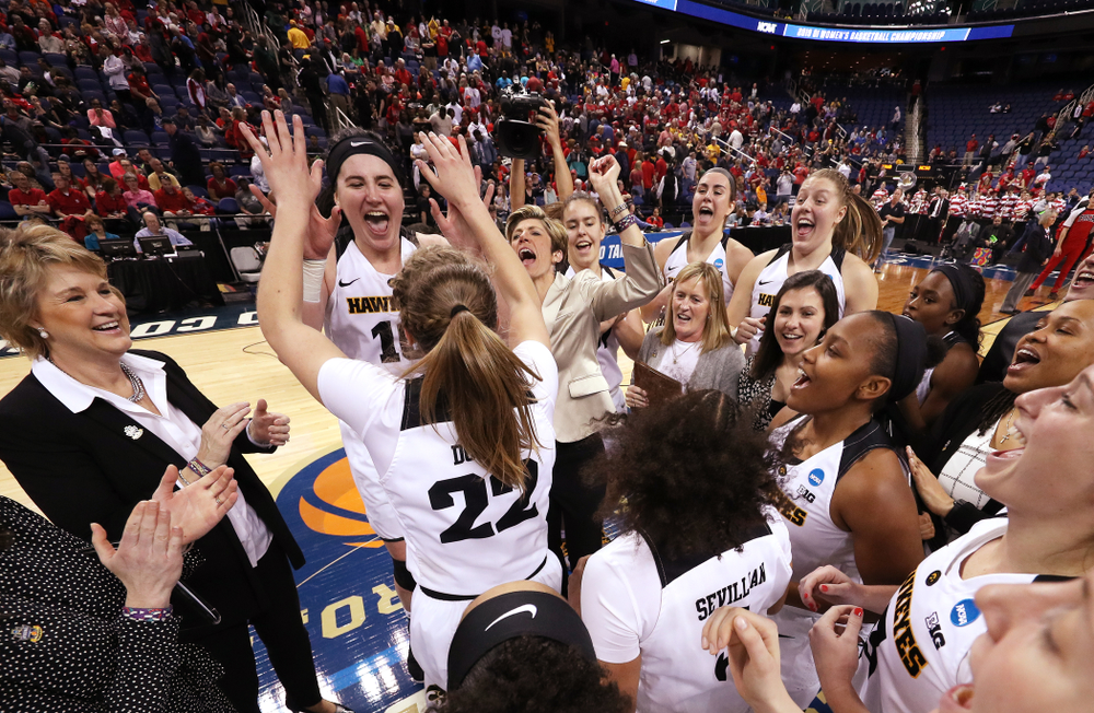 Iowa Hawkeyes forward Megan Gustafson (10) and guard Kathleen Doyle (22) against the NC State Wolfpack in the regional semi-final of the 2019 NCAA Women's College Basketball Tournament Saturday, March 30, 2019 at Greensboro Coliseum in Greensboro, NC.(Brian Ray/hawkeyesports.com)