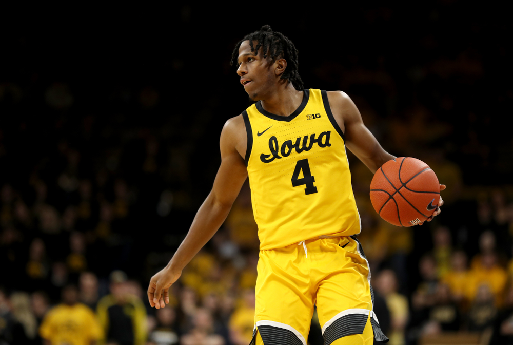 Iowa Hawkeyes guard Bakari Evelyn (4) against the Nebraska Cornhuskers Saturday, February 8, 2020 at Carver-Hawkeye Arena. (Brian Ray/hawkeyesports.com)