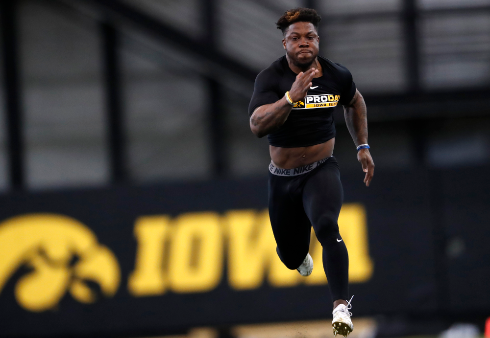 Iowa Hawkeyes running back James Butler (20) during the team's annual pro day Monday, March 26, 2018 at the Hansen Football Performance Center. (Brian Ray/hawkeyesports.com)