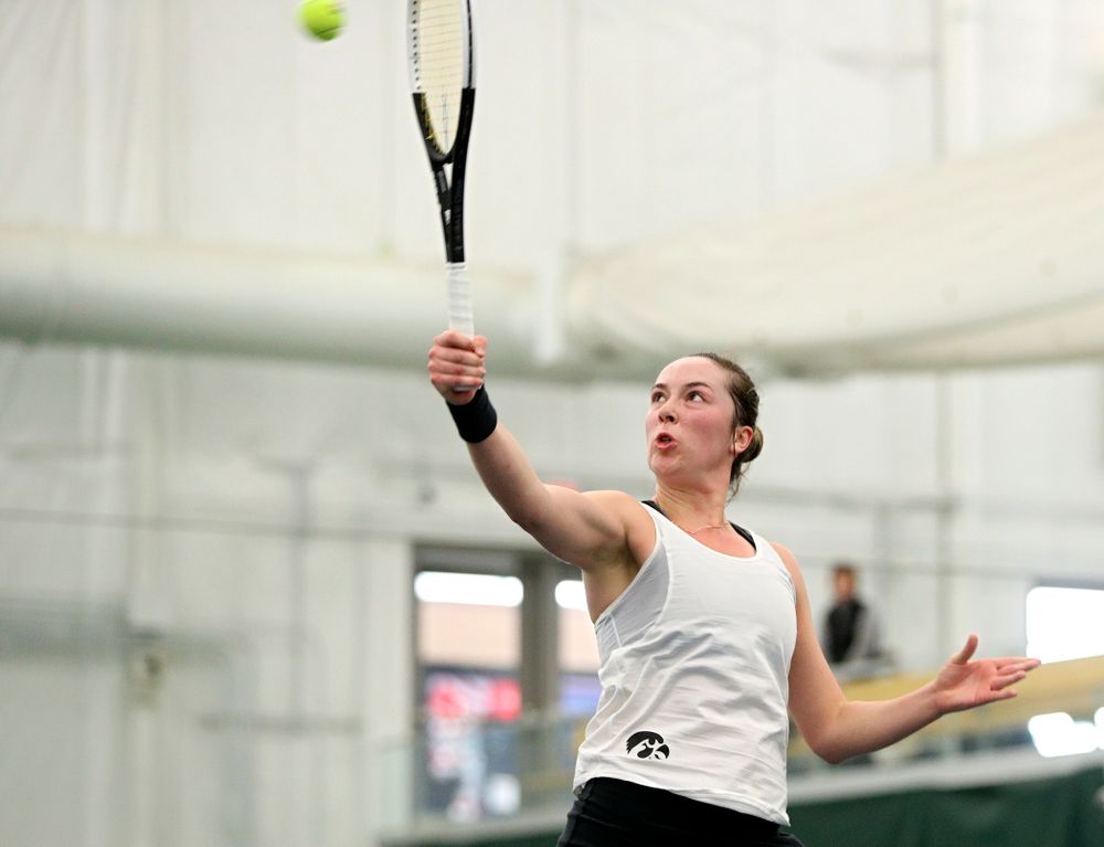 Iowa’s Samantha Mannix returns a shot during her singles match at the Hawkeye Tennis and Recreation Complex in Iowa City on Sunday, February 23, 2020. (Stephen Mally/hawkeyesports.com)