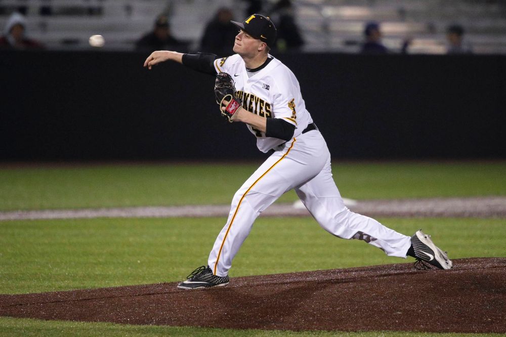 Iowa pitcher Trace Hoffman at game 1 vs Rutgers on Friday, April 5, 2019 at Duane Banks Field. (Lily Smith/hawkeyesports.com)