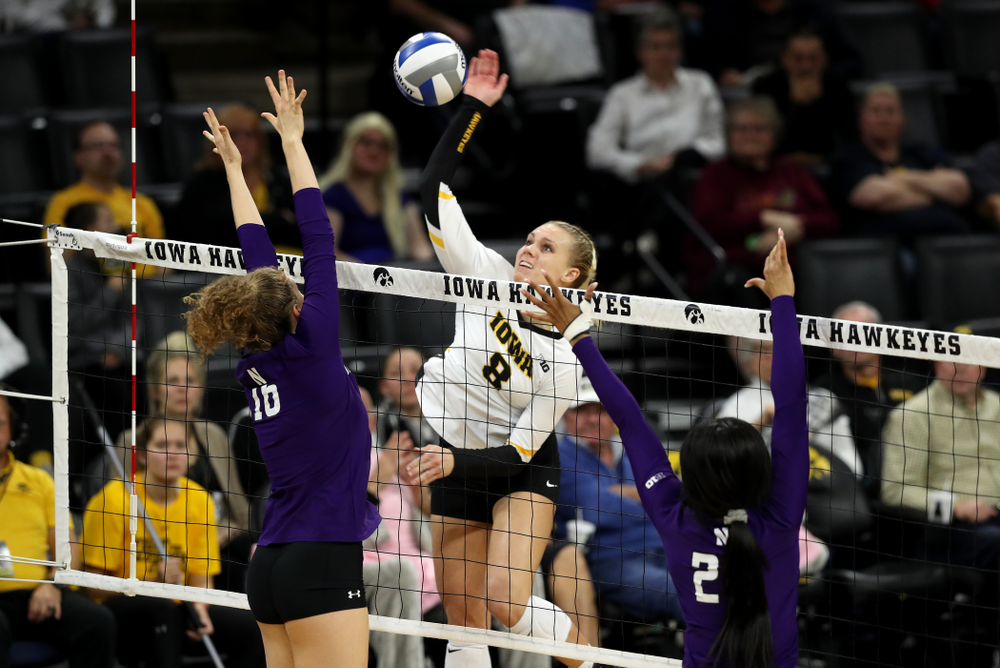 Iowa Hawkeyes right side hitter Reghan Coyle (8) against the Northwestern Wildcats Wednesday, October 24, 2018 at Carver-Hawkeye Arena. (Brian Ray/hawkeyesports.com)