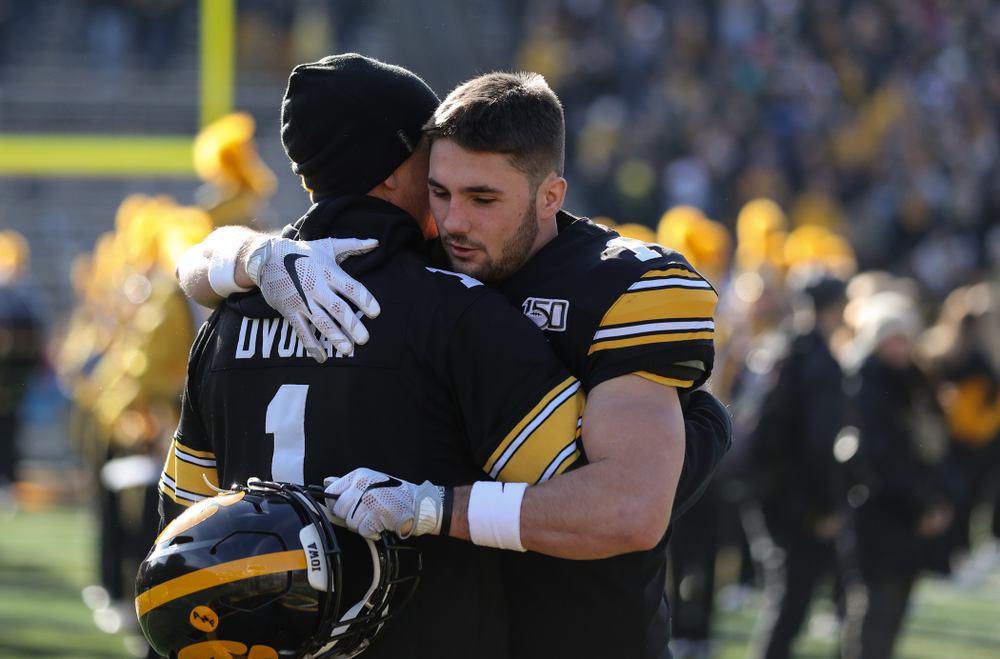 Iowa Hawkeyes defensive back Wes Dvorak (1) during Senior Day festivities before their game against the Illinois Fighting Illini Saturday, November 23, 2019 at Kinnick Stadium. (Brian Ray/hawkeyesports.com)