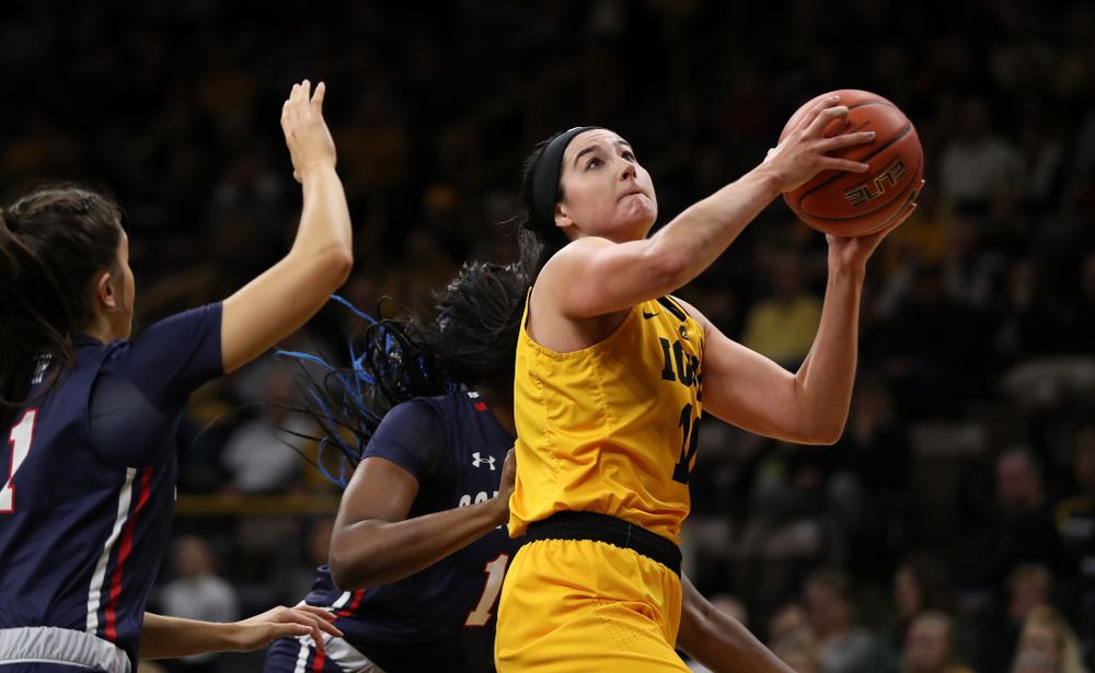 Iowa Hawkeyes forward Megan Gustafson (10) against the Robert Morris Colonials Sunday, December 2, 2018 at Carver-Hawkeye Arena. (Brian Ray/hawkeyesports.com)