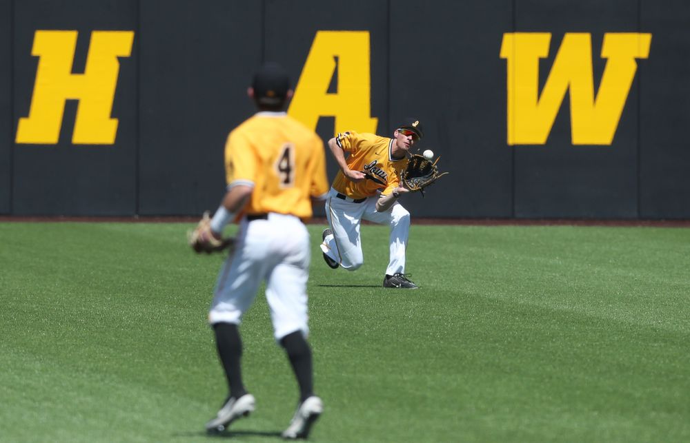 Iowa Hawkeyes outfielder Ben Norman (9) against the Nebraska Cornhuskers Sunday, April 21, 2019 at Duane Banks Field. (Brian Ray/hawkeyesports.com)