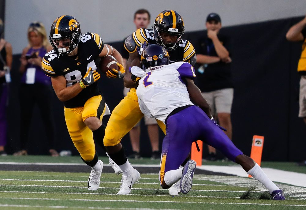Iowa Hawkeyes wide receiver Nick Easley (84) runs the ball during a game against Northern Iowa at Kinnick Stadium on September 15, 2018. (Tork Mason/hawkeyesports.com)