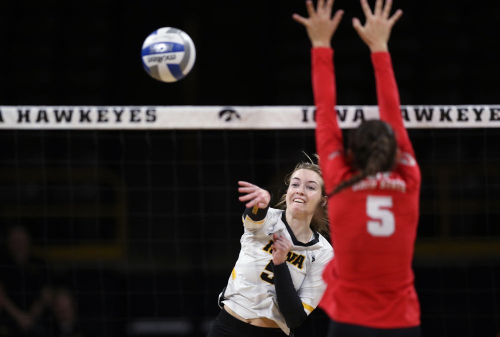 Iowa Hawkeyes outside hitter Meghan Buzzerio (5) against the Ohio State Buckeyes Saturday, November 24, 2018 at Carver-Hawkeye Arena. (Brian Ray/hawkeyesports.com)