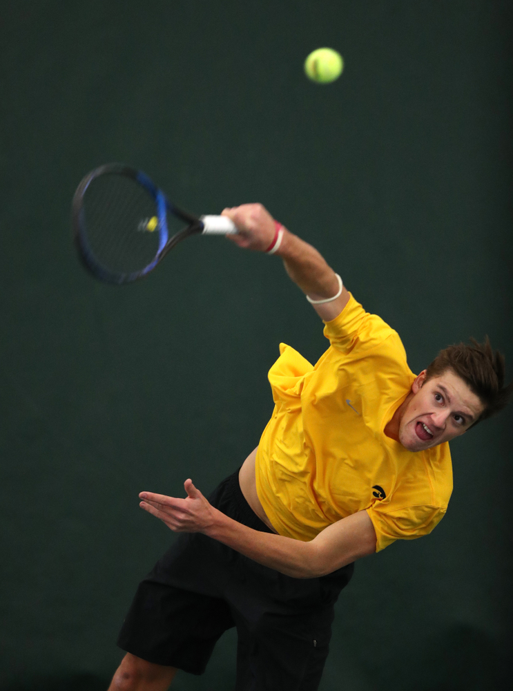 Joe Tyler against the Butler Bulldogs Sunday, January 27, 2019 at the Hawkeye Tennis and Recreation Complex. (Brian Ray/hawkeyesports.com)