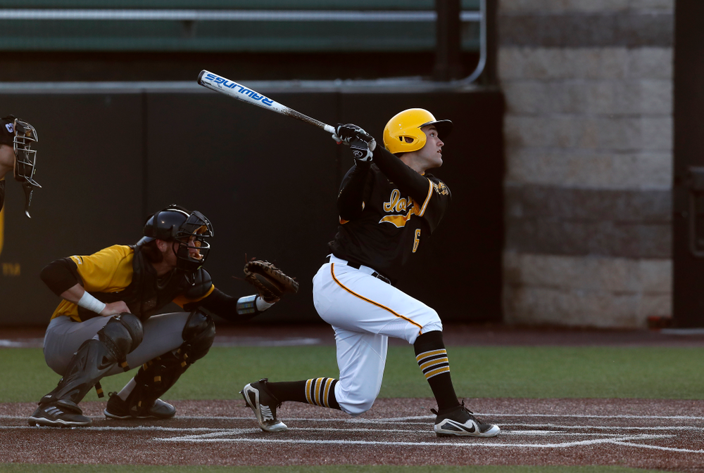 Iowa Hawkeyes outfielder Justin Jenkins (6) against Milwaukee Wednesday, April 25, 2018 at Duane Banks Field. (Brian Ray/hawkeyesports.com)