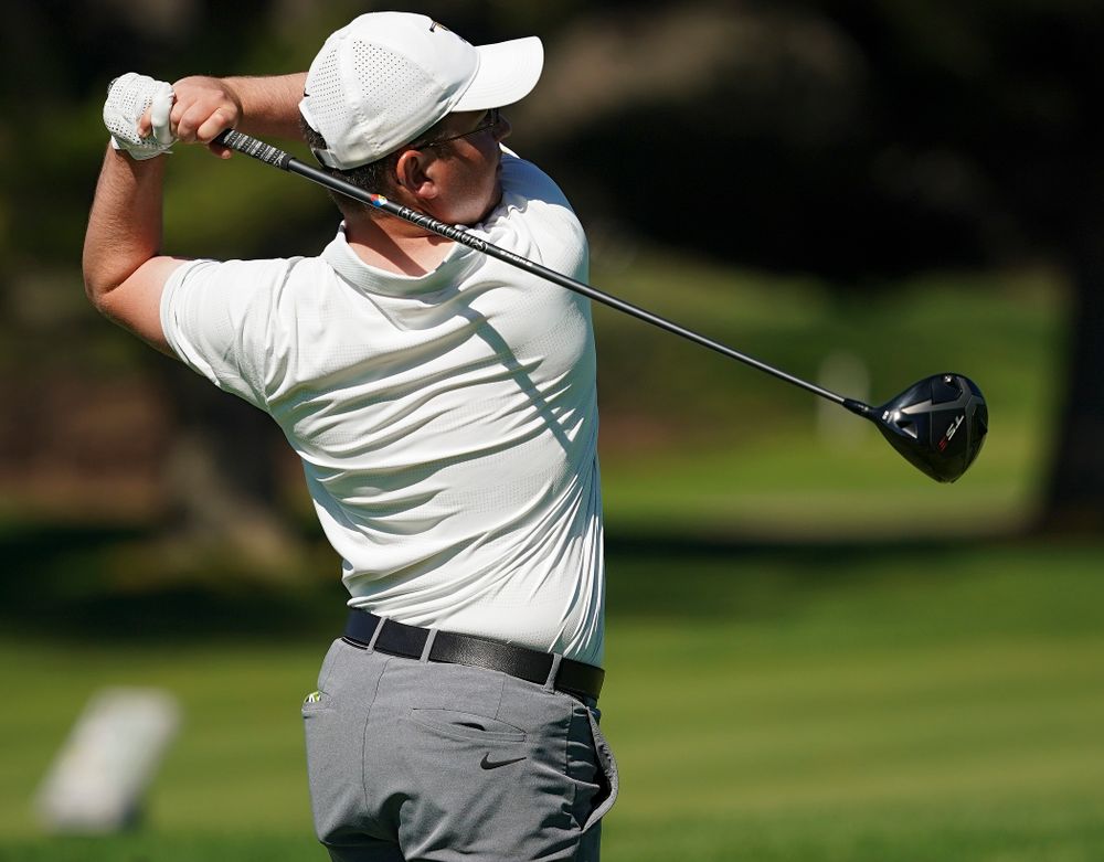 Iowa's Matthew Walker tees off during the first round of the Hawkeye Invitational at Finkbine Golf Course in Iowa City on Saturday, Apr. 20, 2019. (Stephen Mally/hawkeyesports.com)