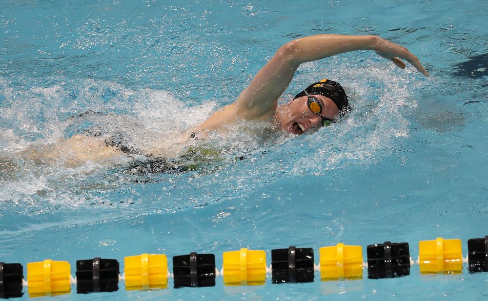 Iowa's Allyssa Fluit competes in the 500-yard freestyle during a meet against Michigan and Denver at the Campus Recreation and Wellness Center on November 3, 2018. (Tork Mason/hawkeyesports.com)