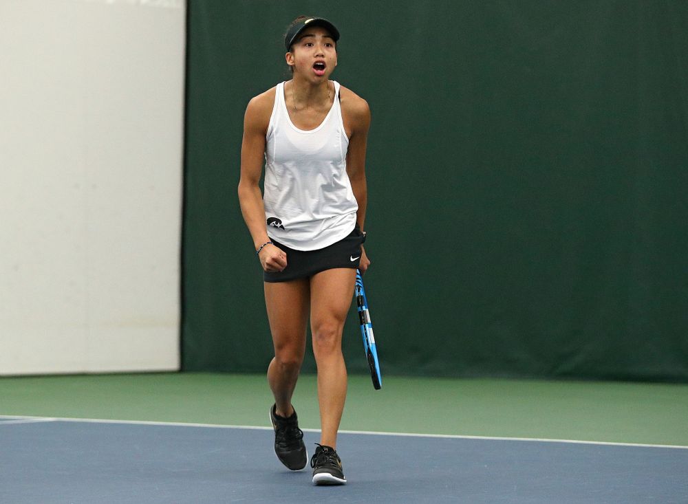 Iowa’s Michelle Bacalla celebrates after winning a game during her singles match at the Hawkeye Tennis and Recreation Complex in Iowa City on Sunday, February 23, 2020. (Stephen Mally/hawkeyesports.com)