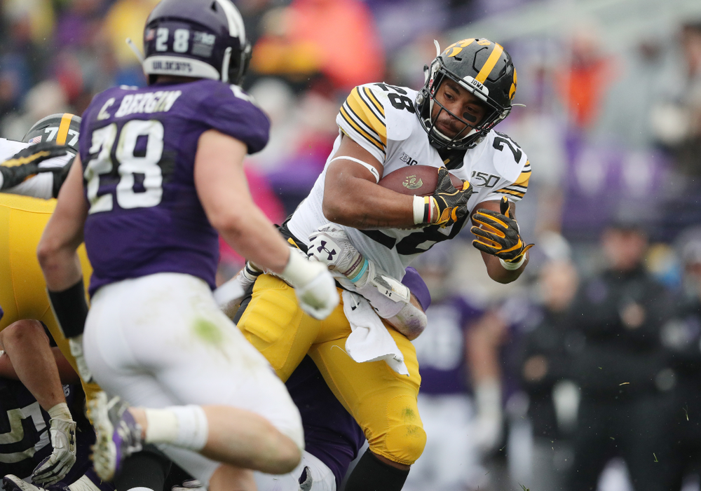 Iowa Hawkeyes running back Toren Young (28) against the Northwestern Wildcats Saturday, October 26, 2019 at Ryan Field in Evanston, Ill. (Brian Ray/hawkeyesports.com)