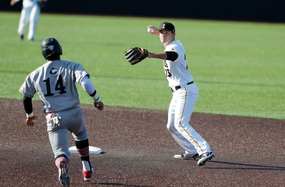 Iowa Hawkeyes infielder Kyle Crowl (23) against Northern Illinois Tuesday, April 17, 2018 at Duane Banks Field. (Brian Ray/hawkeyesports.com)