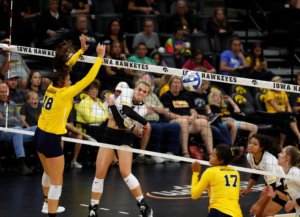 Iowa Hawkeyes right side hitter Reghan Coyle (8) against the Michigan Wolverines Sunday, September 23, 2018 at Carver-Hawkeye Arena. (Brian Ray/hawkeyesports.com)