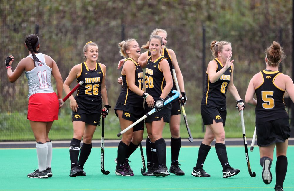 Iowa Hawkeyes forward Leah Zellner (13) hugs Sophie Sunderland (20) after scoring during a 2-1 victory against the Ohio State Buckeyes Friday, September 27, 2019 at Grant Field. (Brian Ray/hawkeyesports.com)