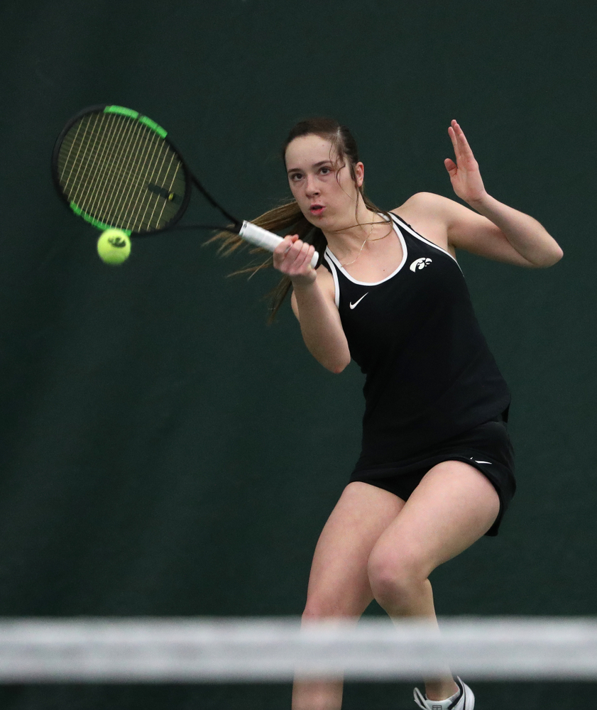 Iowa's Samantha Mannix and Elise Van Heuvelen Treadwell play a doubles match against the Penn State Nittany Lions Sunday, February 24, 2019 at the Hawkeye Tennis and Recreation Complex. (Brian Ray/hawkeyesports.com)