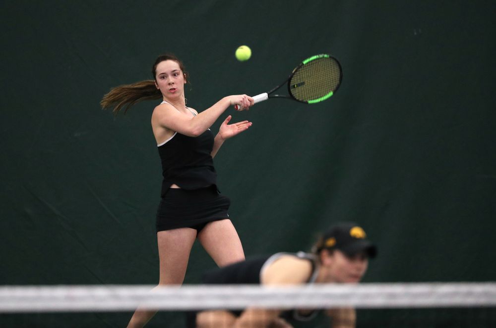 Iowa's Samantha Mannix and Elise Van Heuvelen Treadwell play a doubles match against the Penn State Nittany Lions Sunday, February 24, 2019 at the Hawkeye Tennis and Recreation Complex. (Brian Ray/hawkeyesports.com)