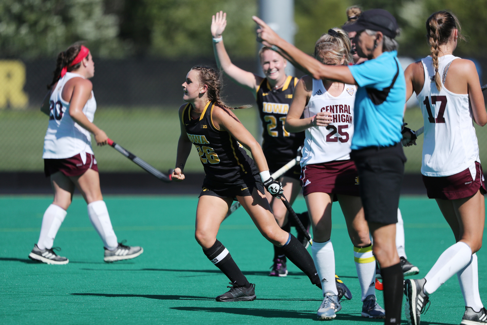 Iowa Hawkeyes forward Maddy Murphy (26) celebrates a goal against Central Michigan Friday, September 6, 2019 at Grant Field. The Hawkeyes won the game 11-0. (Brian Ray/hawkeyesports.com)