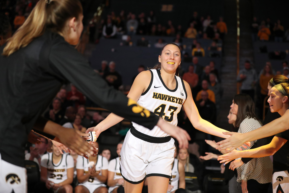 Iowa Hawkeyes forward Amanda Ollinger (43) against North Carolina Central Saturday, December 14, 2019 at Carver-Hawkeye Arena. (Brian Ray/hawkeyesports.com)