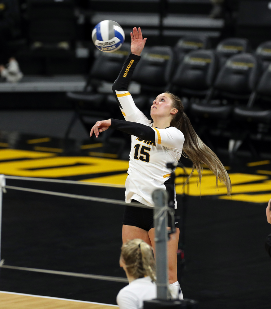 Iowa Hawkeyes defensive specialist Maddie Slagle (15) against Penn State Friday, November 1, 2019 at Carver Hawkeye Arena. (Brian Ray/hawkeyesports.com)