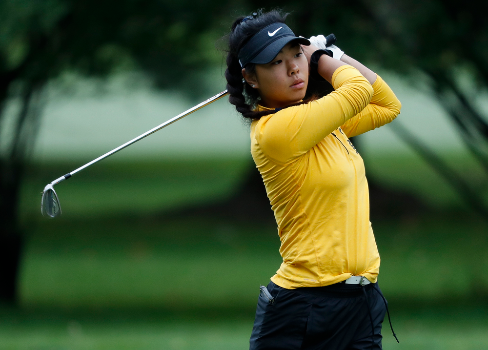Iowa's Rachel Fujitani hits an approach shot during the Diane Thomason Invitational at Finkbine Golf Course on September 29, 2018. (Tork Mason/hawkeyesports.com)