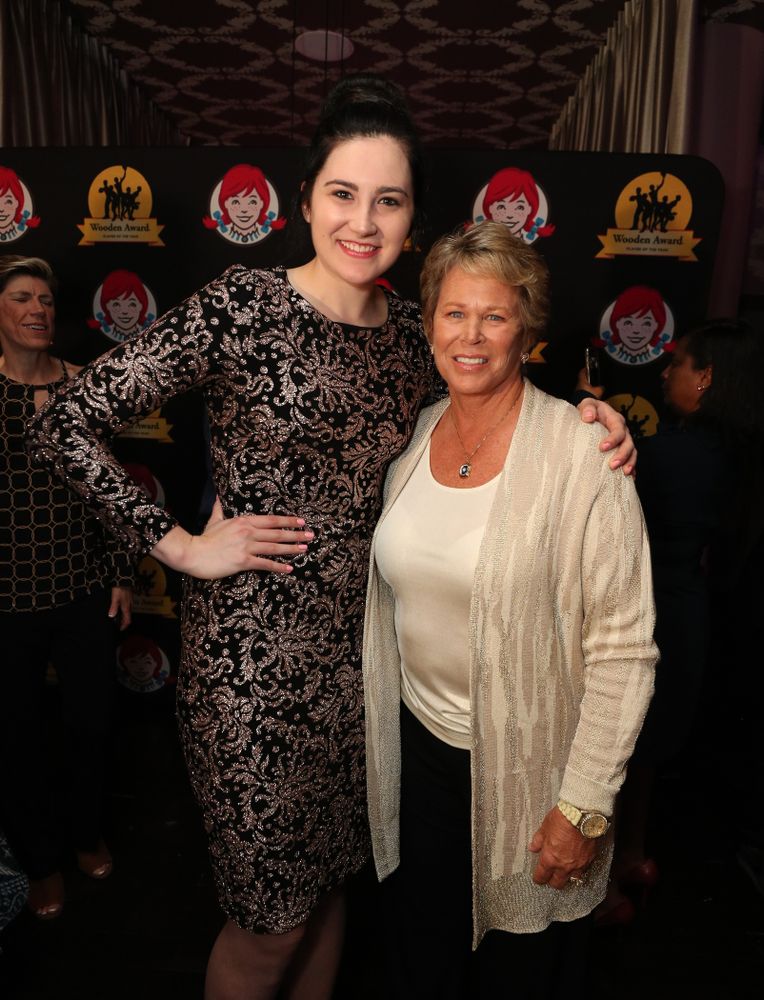 Iowa Hawkeyes forward Megan Gustafson (10) with WNBA great Ann Myers Drysdale before the ESPN College Basketball Awards show Friday, April 12, 2019 at The Novo at LA Live. (Brian Ray/hawkeyesports.com)