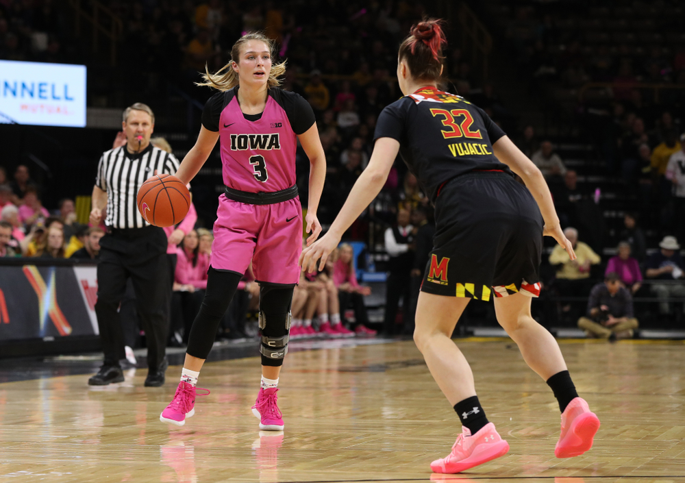 Iowa Hawkeyes guard Makenzie Meyer (3) against the seventh ranked Maryland Terrapins Sunday, February 17, 2019 at Carver-Hawkeye Arena. (Brian Ray/hawkeyesports.com)