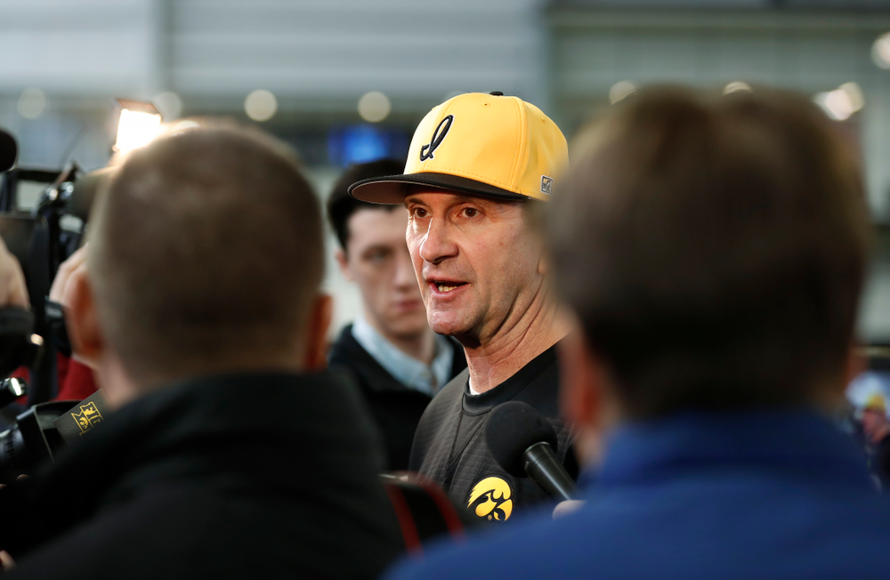 Iowa Hawkeyes head coach Rick Heller answers questions from reporters during the team's annual media day Thursday, February 8, 2018 in the indoor practice facility. (Brian Ray/hawkeyesports.com)