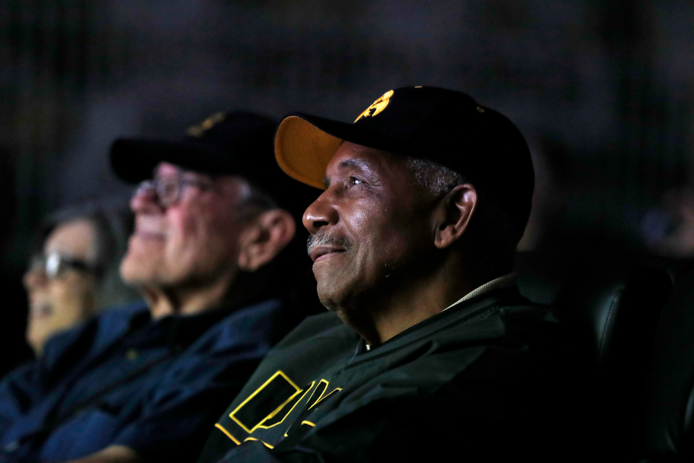 1958 National Championship Team running back Willie Fleming watches highlights from the 1958 season at the Hansen Football Performance Center Friday, September 21, 2018. (Brian Ray/hawkeyesports.com)