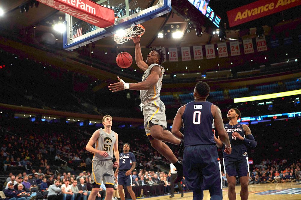 Iowa Hawkeyes forward Ryan Kriener (15) against UConn in the Championship game of the 2K Empire Classic Friday, November 16, 2018 at Madison Square Garden in New York City. (Duncan H.Williams/Freelance)