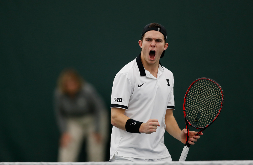 Jonas Larsen and Kareem Allaf play a doubles match against Purdue Sunday, April 15, 2018 at the Hawkeye Tennis and Recreation Center. (Brian Ray/hawkeyesports.com)