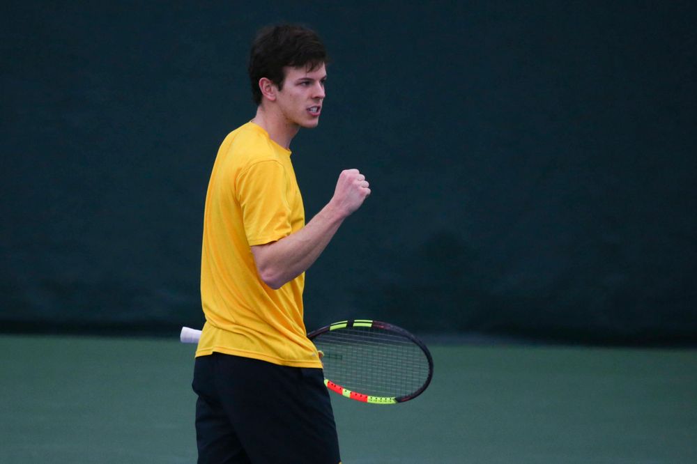 Iowa's Joe Tyler at a tennis match vs Drake Friday, March 8, 2019 at the Hawkeye Tennis and Recreation Complex. (Lily Smith/hawkeyesports.com)
