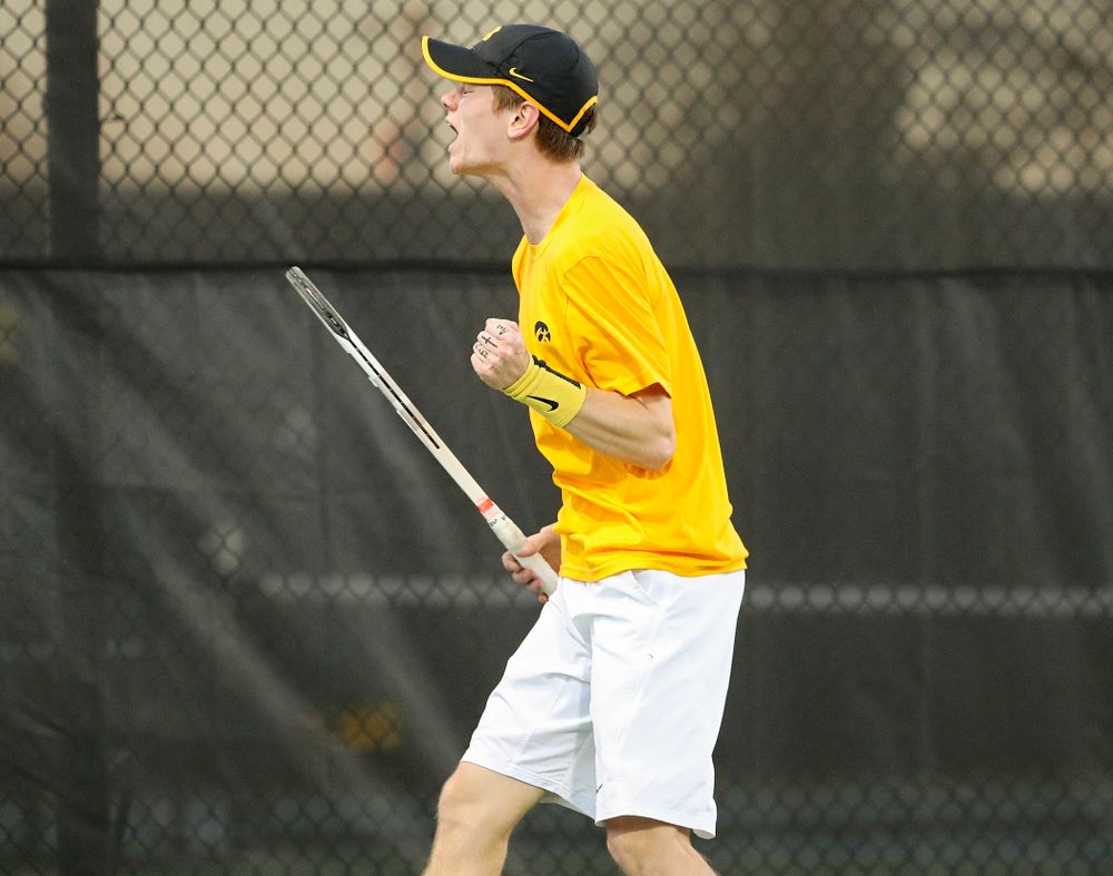 Iowa's Jason Kerst celebrates a point during his match again Michigan State at the Hawkeye Tennis and Recreation Complex in Iowa City on Friday, Apr. 19, 2019. (Stephen Mally/hawkeyesports.com)