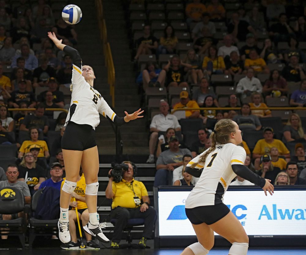 Iowa’s Kyndra Hansen (8) puts up a shot during their Big Ten/Pac-12 Challenge match at Carver-Hawkeye Arena in Iowa City on Saturday, Sep 7, 2019. (Stephen Mally/hawkeyesports.com)