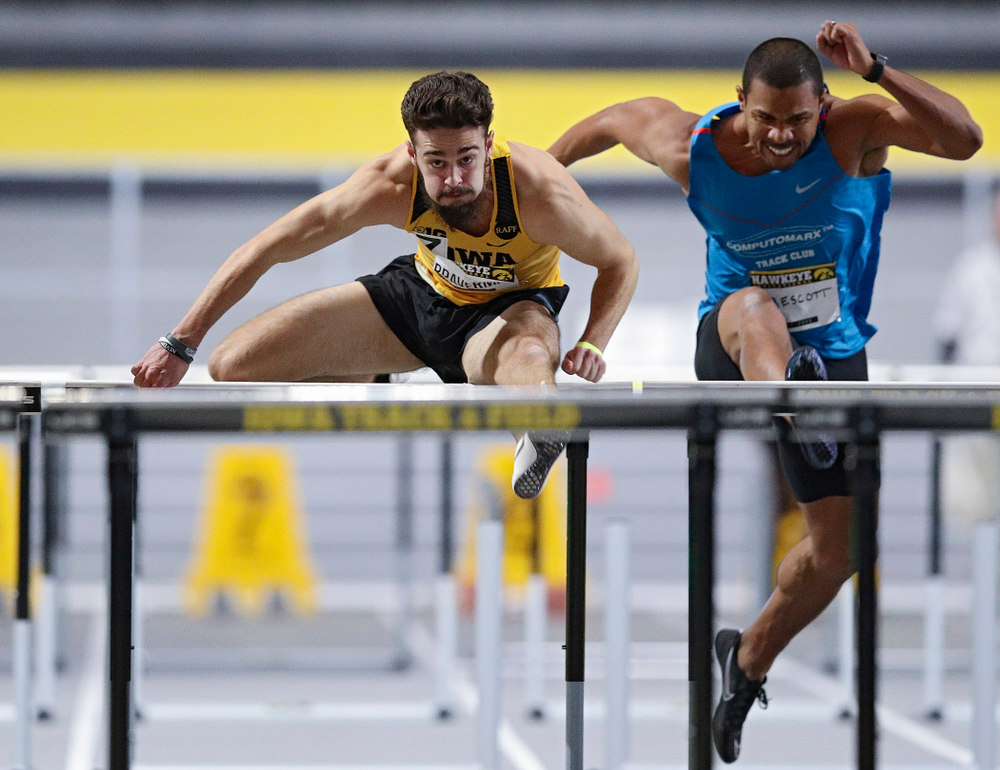 Iowa’s Josh Braverman runs in the men’s 60 meter hurdles prelim event during the Hawkeye Invitational at the Recreation Building in Iowa City on Saturday, January 11, 2020. (Stephen Mally/hawkeyesports.com)