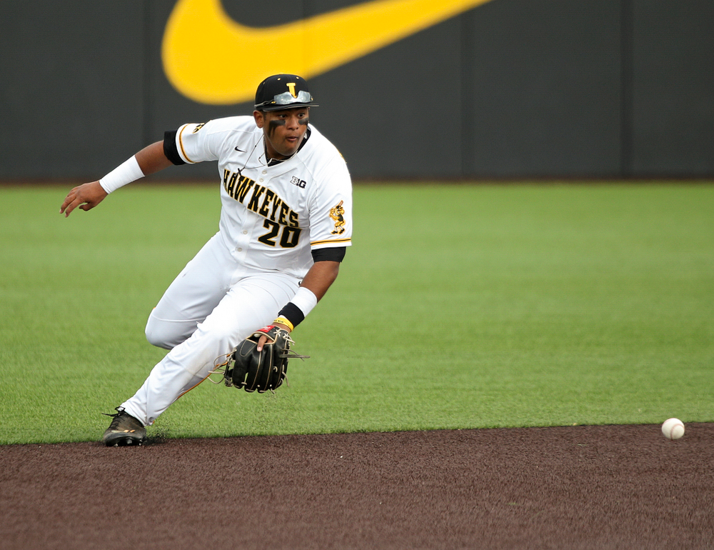 Iowa infielder Izaya Fullard (20) fields a ground ball during the seventh inning of their college baseball game at Duane Banks Field in Iowa City on Wednesday, March 11, 2020. (Stephen Mally/hawkeyesports.com)