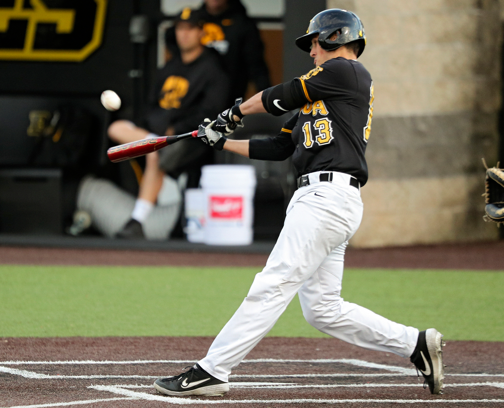 Iowa’s Brayden Frazier (13) bats during the sixth inning of the first game of the Black and Gold Fall World Series at Duane Banks Field in Iowa City on Tuesday, Oct 15, 2019. (Stephen Mally/hawkeyesports.com)