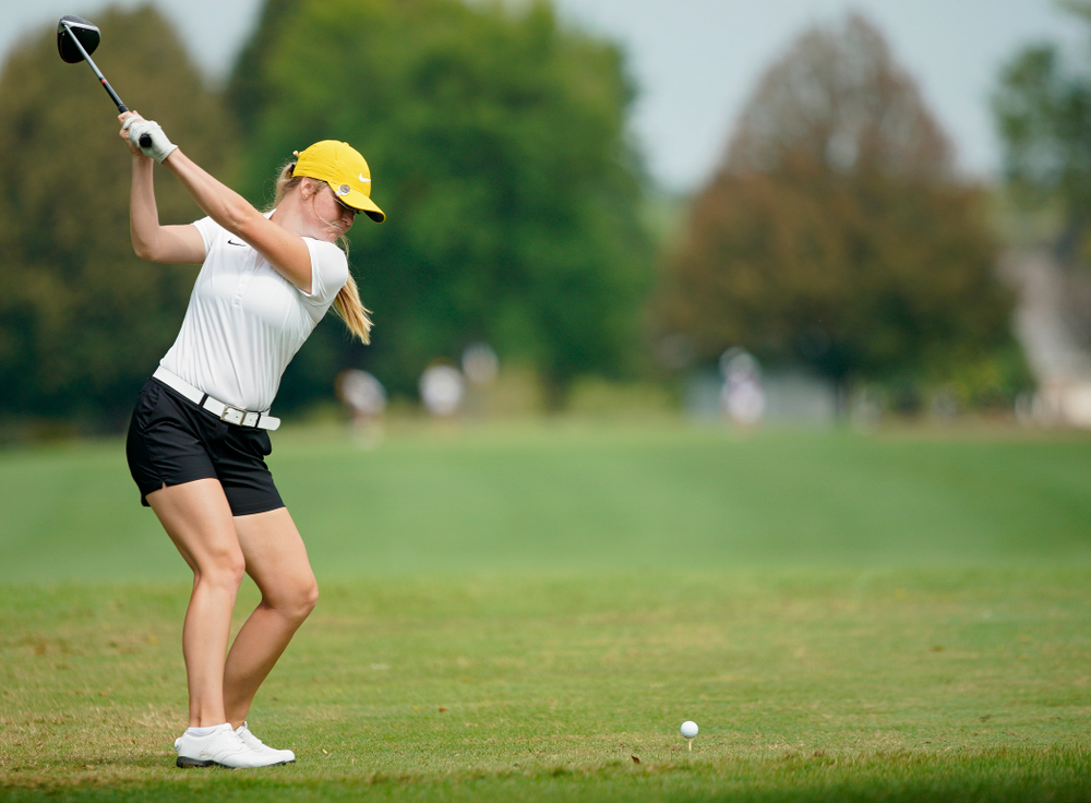 Iowa’s Morgan Goldstein tees off during their dual against Northern Iowa at Pheasant Ridge Golf Course in Cedar Falls on Monday, Sep 2, 2019. (Stephen Mally/hawkeyesports.com)