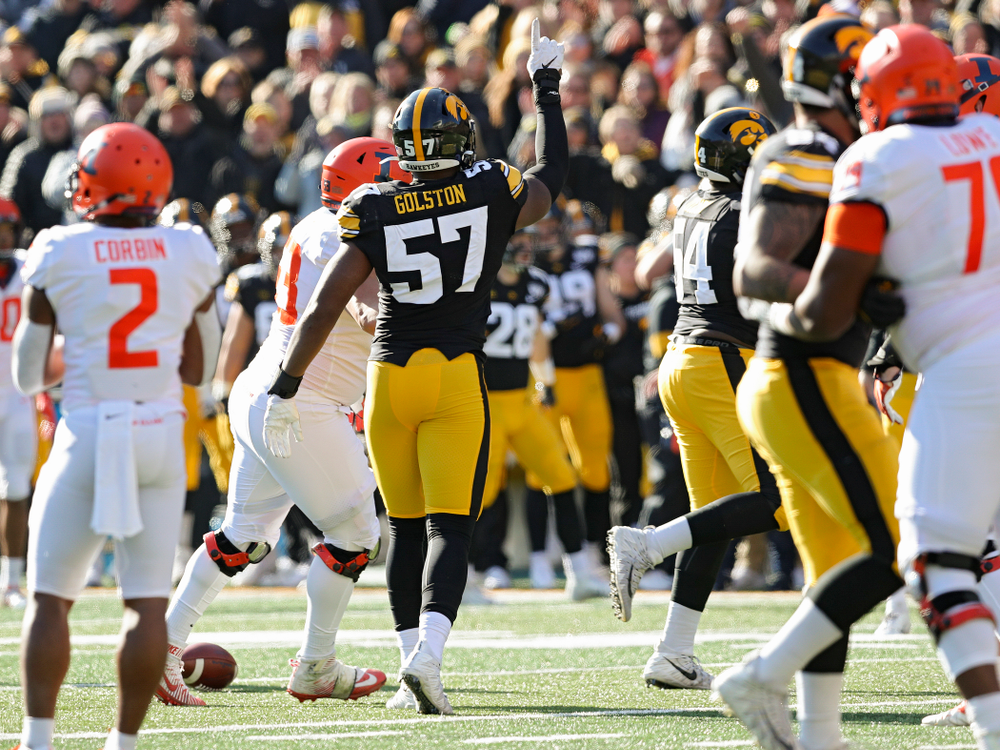 Iowa Hawkeyes defensive end Chauncey Golston (57) celebrates after knocking down a pass during the second quarter of their game at Kinnick Stadium in Iowa City on Saturday, Nov 23, 2019. (Stephen Mally/hawkeyesports.com)