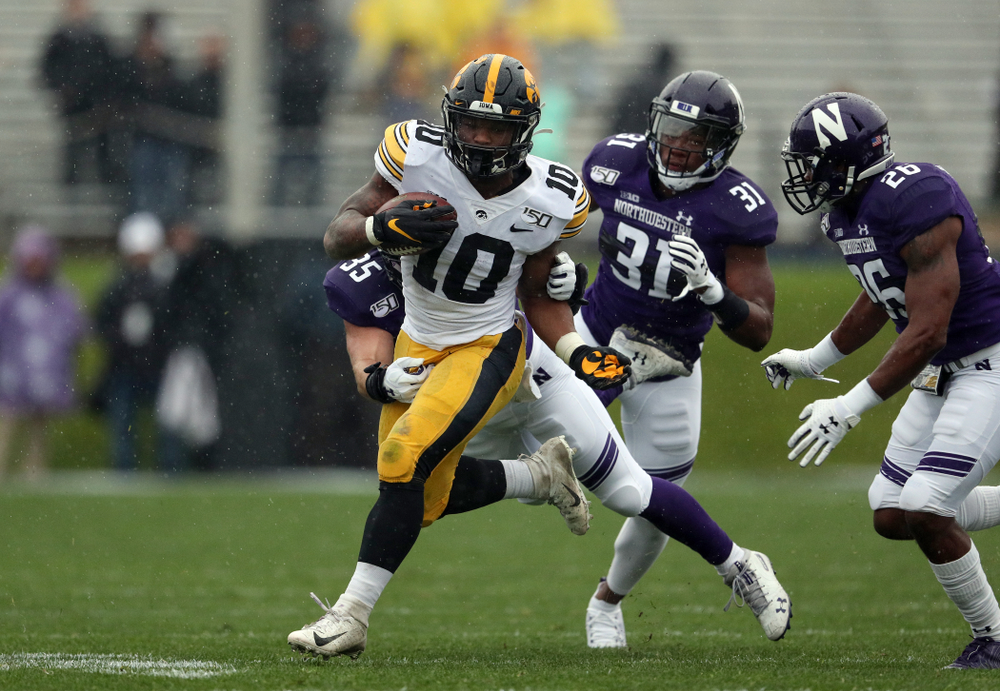 Iowa Hawkeyes running back Mekhi Sargent (10) against the Northwestern Wildcats Saturday, October 26, 2019 at Ryan Field in Evanston, Ill. (Brian Ray/hawkeyesports.com)