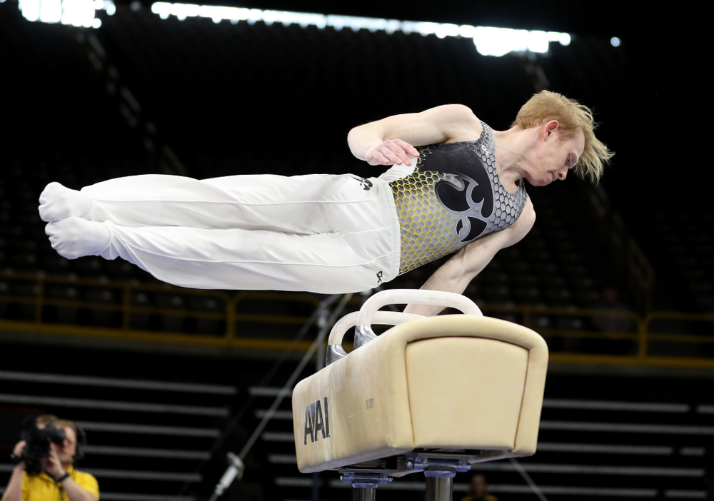 Iowa’s Nick Merryman competes on the pommel horse against Illinois Sunday, March 1, 2020 at Carver-Hawkeye Arena. (Brian Ray/hawkeyesports.com)