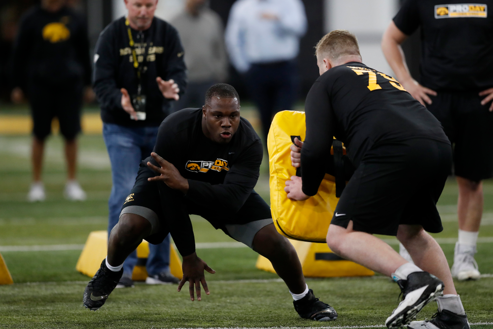 Iowa Hawkeyes offensive lineman James Daniels (78) during the team's annual pro day Monday, March 26, 2018 at the Hansen Football Performance Center. (Brian Ray/hawkeyesports.com)