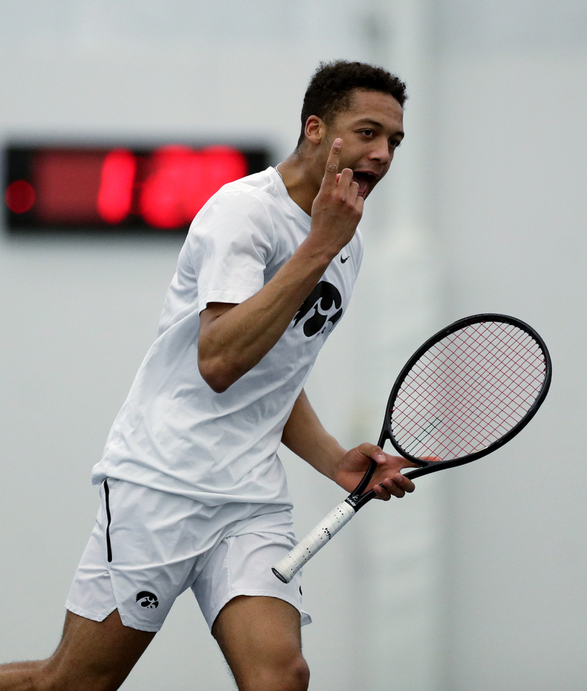 Iowa’s Oliver Okonkwo against Cornell Sunday, March 8, 2020 at the Hawkeye Tennis and Recreation Center. (Brian Ray/hawkeyesports.com)