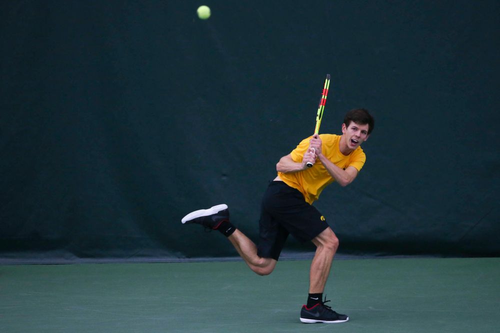 Iowa's Joe Tyler at a tennis match vs Drake Friday, March 8, 2019 at the Hawkeye Tennis and Recreation Complex. (Lily Smith/hawkeyesports.com)