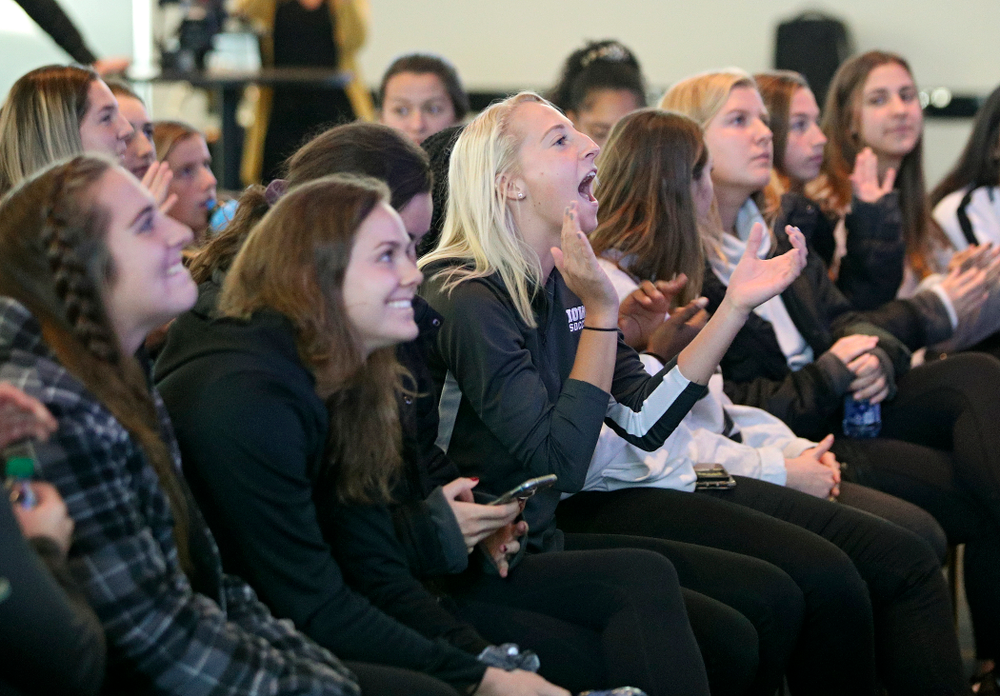 Iowa defender Samantha Cary (9) claps as she watches the NCAA women’s soccer section show with her team at Carver-Hawkeye Arena in Iowa City on Monday, Nov 11, 2019. (Stephen Mally/hawkeyesports.com)