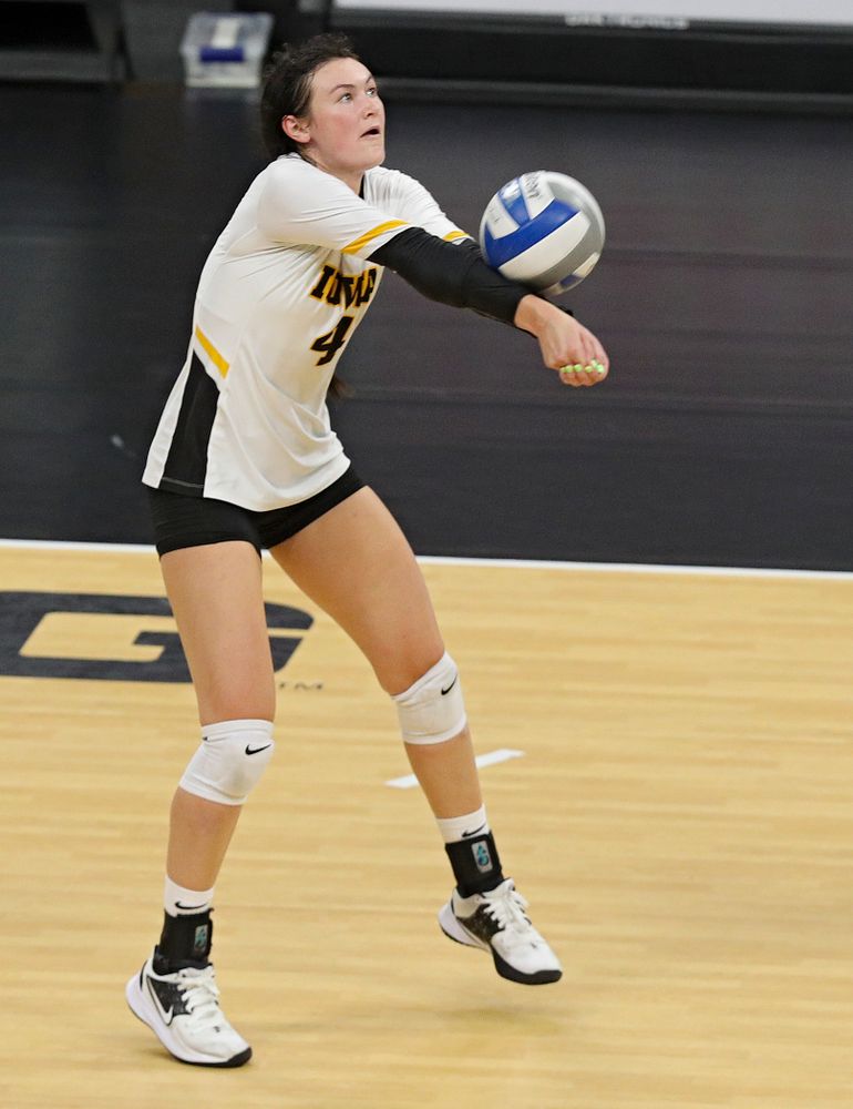 Iowa’s Halle Johnston (4) during the second set of the Black and Gold scrimmage at Carver-Hawkeye Arena in Iowa City on Saturday, Aug 24, 2019. (Stephen Mally/hawkeyesports.com)