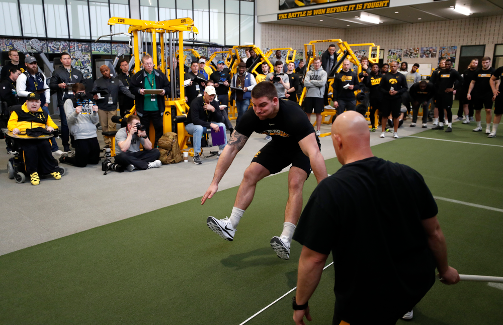 Iowa Hawkeyes fullback Drake Kulick (45) during the team's annual pro day Monday, March 26, 2018 at the Hansen Football Performance Center. (Brian Ray/hawkeyesports.com)